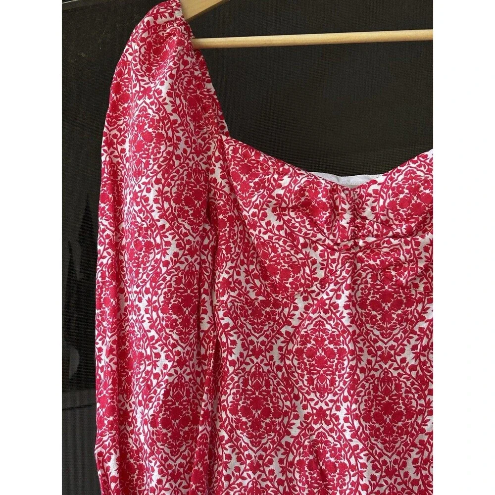 Boden 100% Linen Red White Damask Floral Dress Size 4 Puff Sleeve Short Garden